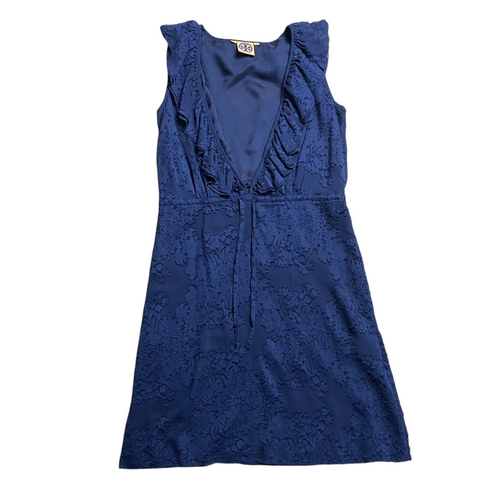 Tory Burch Navy Floral Embossed Deep V Sleeveless Dress Size 4